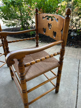 Load image into Gallery viewer, Pair of Vintage Turned Wood &amp; Rattan Arm Chairs with Cutout Backs
