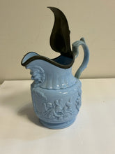 Load image into Gallery viewer, Vintage Blue Ceramic Pitcher w/ Metal Flip Lid
