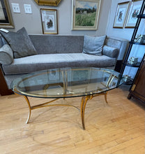 Load image into Gallery viewer, Oval Glass Top Coffee Table with Gold Leaf Metal Base
