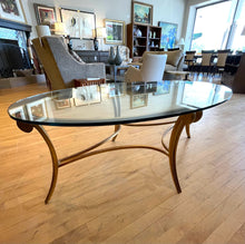 Load image into Gallery viewer, Oval Glass Top Coffee Table with Gold Leaf Metal Base
