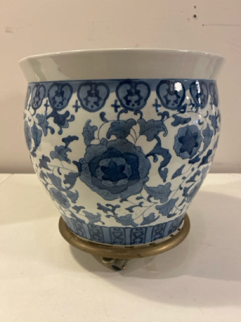 Blue & White Ceramic Planter on Wheeled Stand