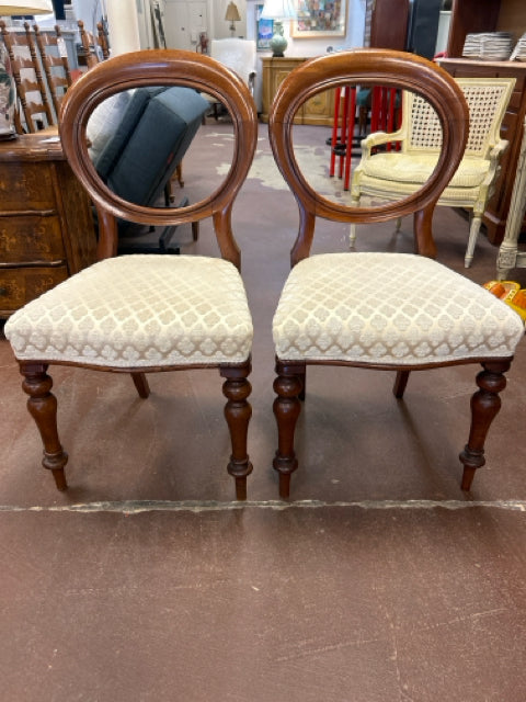 Pair of Open Back Dining Chairs with Cream Colored Chenille Upholstery