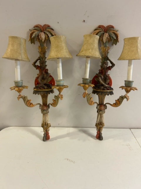 Pair of Vintage Venetian Polychrome Wood Carved Figural Sconces