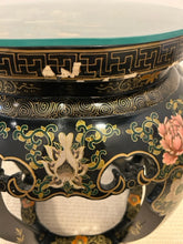 Load image into Gallery viewer, Vintage Black Lacquer Chinoiserie Glass Top Garden Stool
