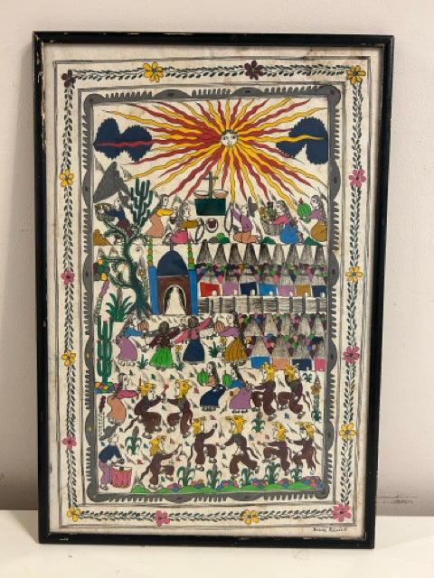 Framed Amate Painting on Amate Bark Paper by Felix Venancio R., signed