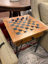 Load image into Gallery viewer, Wood Game Table on Metal Legs with Chess &amp; Checkers Pieces from Pottery Barn

