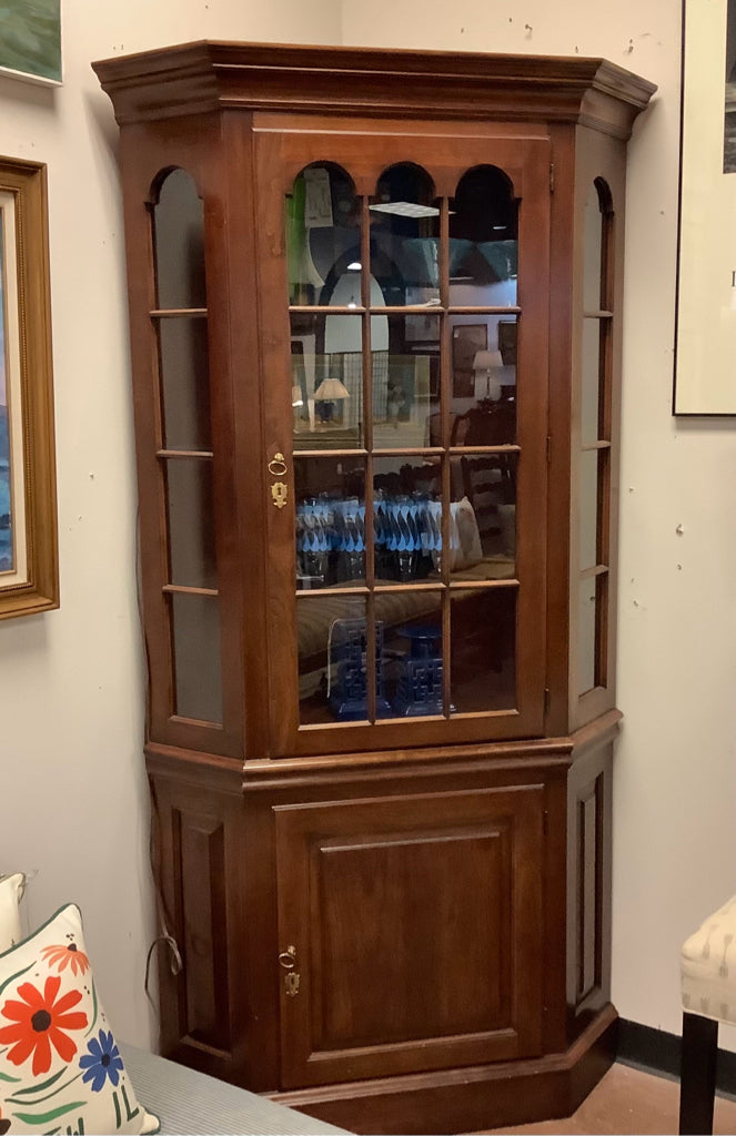 Glass Front Cherry Corner Cabinet with Lights