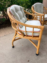 Load image into Gallery viewer, Pair of Vintage Bent Bamboo/Rattan Arm Chairs with Cushions Featuring Birds &amp; Reed Upholstery
