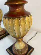 Load image into Gallery viewer, Pair of Painted Carved Wood Lamps with  Black Shades
