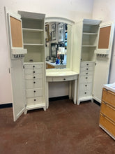 Load image into Gallery viewer, White Hampton Vanity  Desk &amp; Mirror, Two Mirrored Towers with  Interior Drawers and Shelves from Pottery Barn
