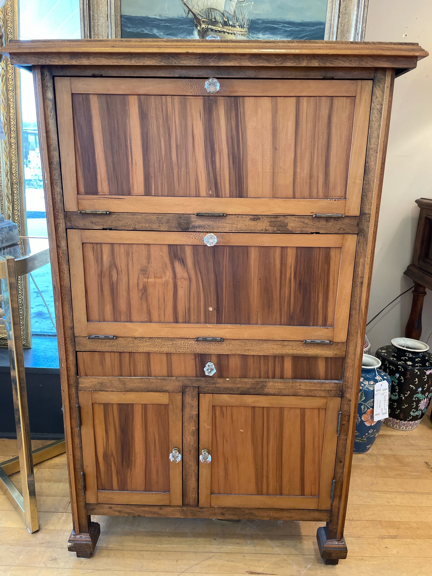Vintage Pull Down Pine Cabinet with Top Storage