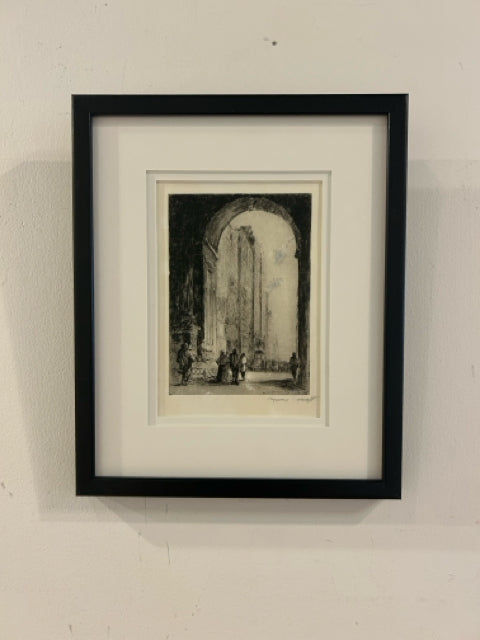 Framed Etching of the Church of St. Hilaire in Poitiers, signed
