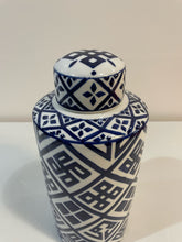 Load image into Gallery viewer, Blue &amp; White Geometric Pattern Lidded Ceramic Jar
