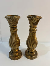 Load image into Gallery viewer, Pair of Gold Swirled Candleholders with Candles
