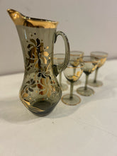 Load image into Gallery viewer, MCM Smoked Glass Pitcher &amp; 5 Glasses with  Gold Detailing made in Hungary
