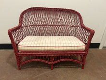 Load image into Gallery viewer, Childs Wicker Bench with Red &amp; White Checked Cushion
