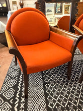Load image into Gallery viewer, Pair of MCM Lounge Chairs with Dark  Burnt Orange Wool Upholstery and Polished Wood Arms
