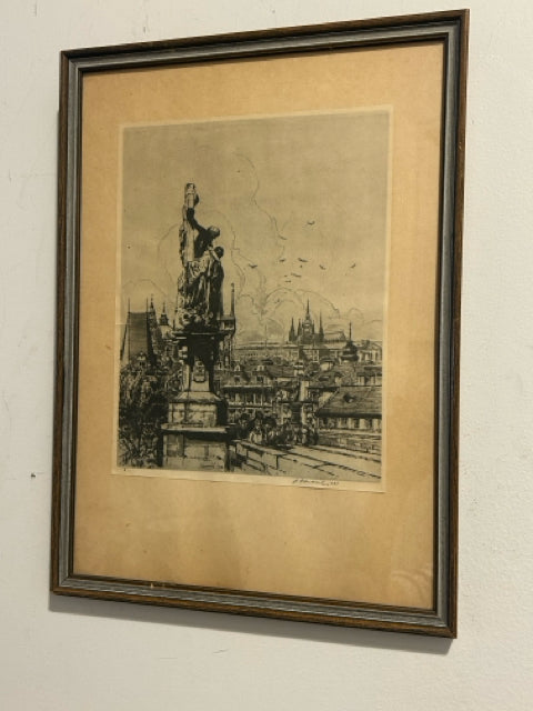 Framed Etching of Charles Bridge, Prague Czech Republic 1935, signed