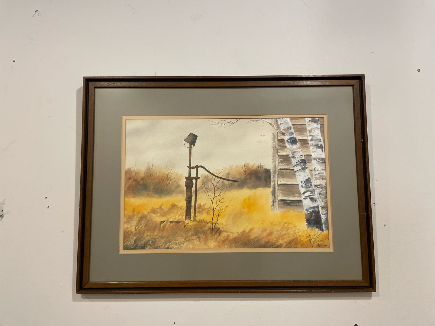 Watercolor of Water Pump in Field by Wayne Atkinson, signed