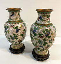 Load image into Gallery viewer, Pair of Vintage Cloisonne Enameled Copper Vases with Wood Base
