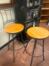 Load image into Gallery viewer, Pair of Iron Swivel Barstools with Wood Seats
