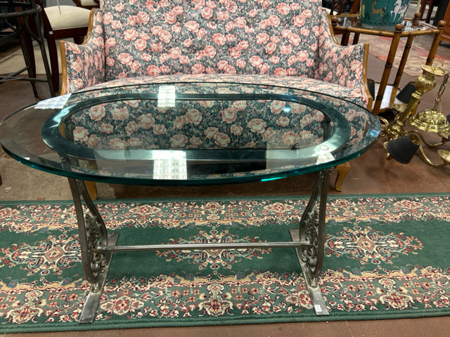 Oval Glass Top Coffee Table with Metal Base