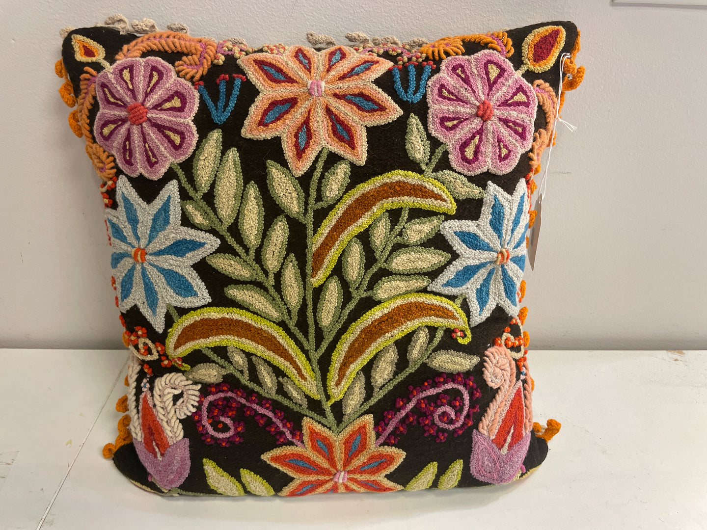 Crewel Embroidered Pillow with Fringe