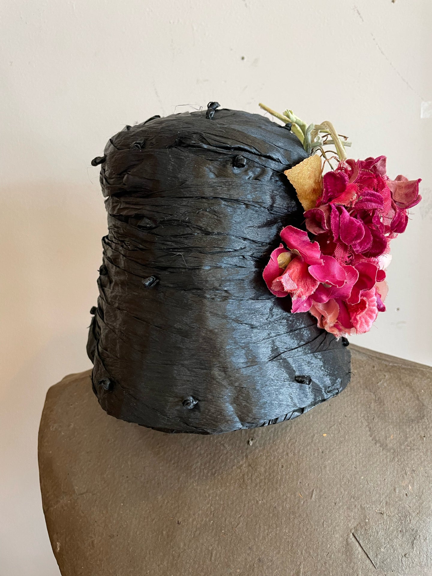 Black Woven Hat With Pinned Flowers, Made In Italy