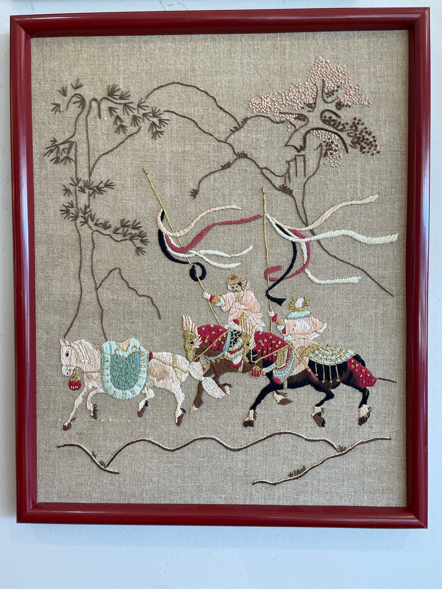 Crewel Embroidered Asian Warriors & Three Horses