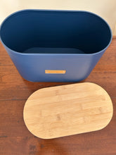 Load image into Gallery viewer, NEW Navy Blue Metal Bread Bin with Wood Lid from Typhoon
