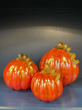 Load image into Gallery viewer, Set of 3 Orange Hand Crafted Pumpkins from Glass Eye Studio
