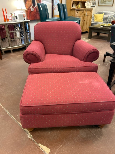 Cranberry Upholstered Arm Chair & Ottoman from Ethan Allen