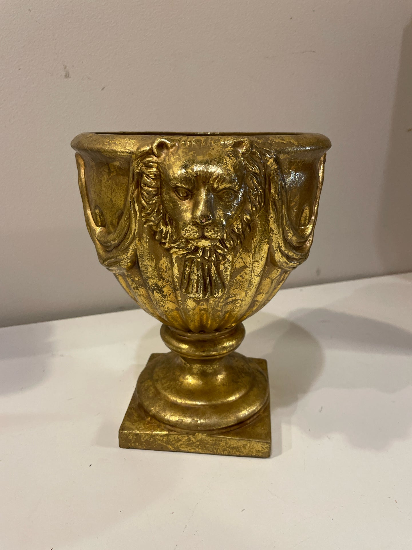 Gold Ceramic Urn with  Lions Head Detailing