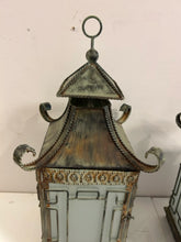 Load image into Gallery viewer, Pair of Green Patina Metal Pagoda Lanterns
