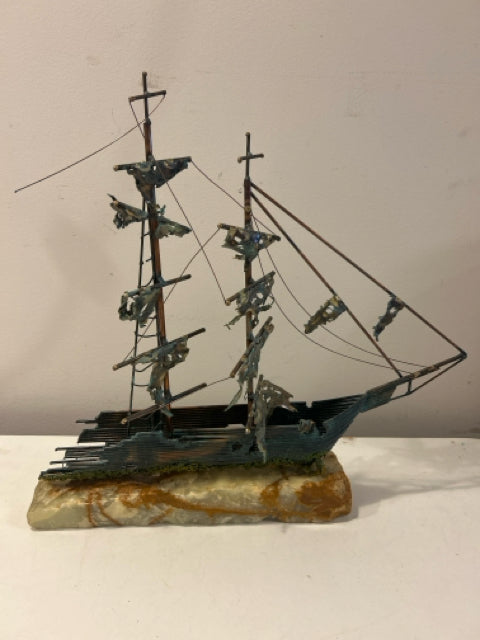 Vintage Shipwreck Copper Art Sculpture on Stone Base