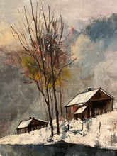 Load image into Gallery viewer, Oil Painting, Winter Barn Scene by W. Wyndham, signed
