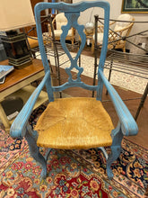 Load image into Gallery viewer, Two Blue Painted Rush Seat Arm Chairs
