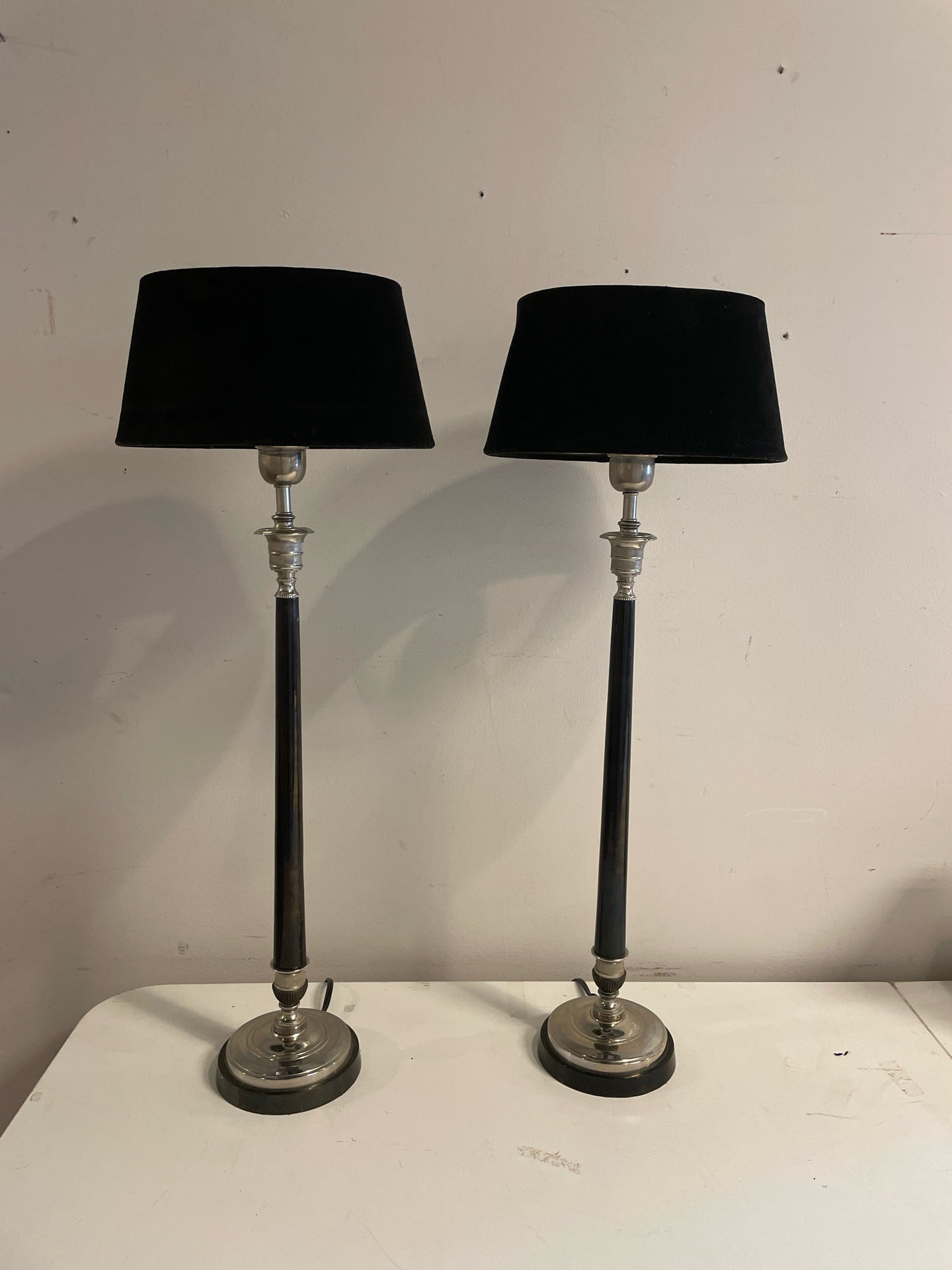 Pair of Black and Silver Buffet Lamps with Velvet Shades