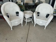 Load image into Gallery viewer, Pair of Faux White Wicker Chairs &amp; Round End Table from Hampton Bay
