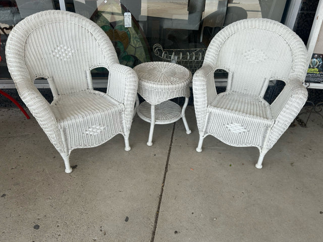Pair of Faux White Wicker Chairs & Round End Table from Hampton Bay