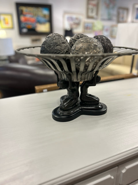 Two Piece Metal Pedestal with Bowl with Decorative Orbs