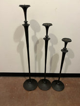 Load image into Gallery viewer, Set of 3 Hammered Black Wrought Iron Floor Candleholders from Pottery Barn
