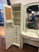 Load image into Gallery viewer, White Hampton Vanity  Desk &amp; Mirror, Two Mirrored Towers with  Interior Drawers and Shelves from Pottery Barn
