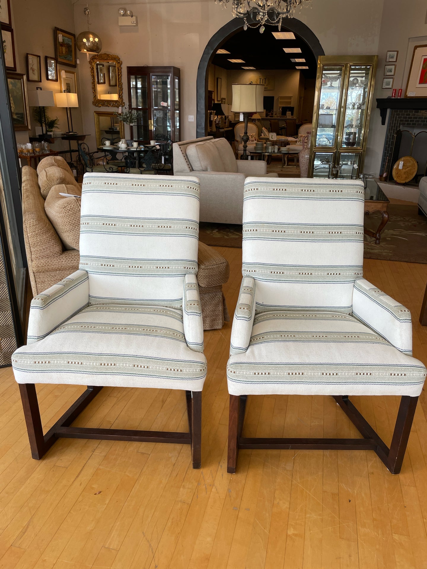 Pair of Upholstered Arm Chairs in Cream, Tan & Blue from Lee Industries