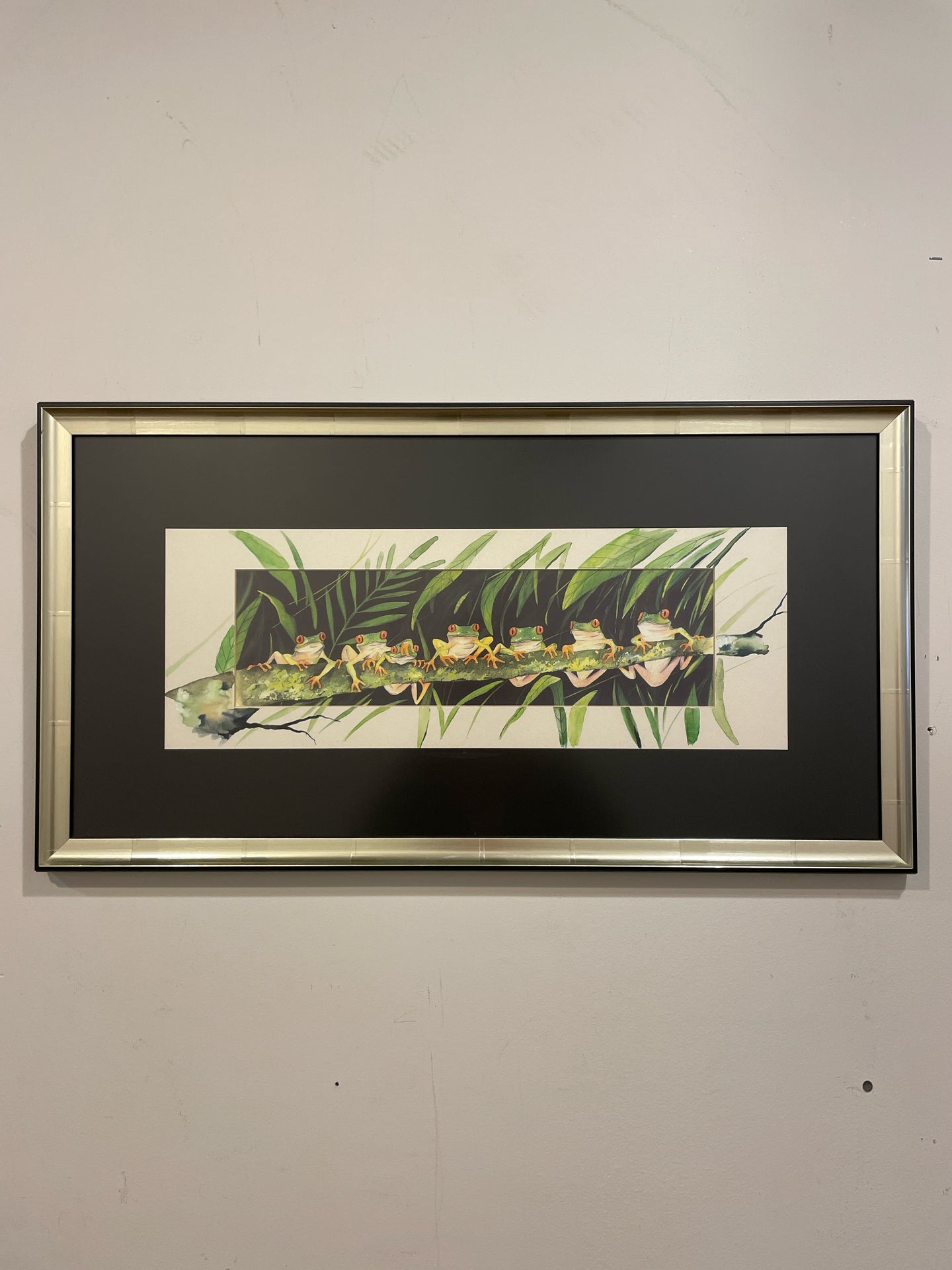 Framed Watercolor of Seven Green Tree Frogs