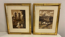 Load image into Gallery viewer, Pair of Vintage Art Prints of Asian Scenes in Gold Bamboo Style Frames
