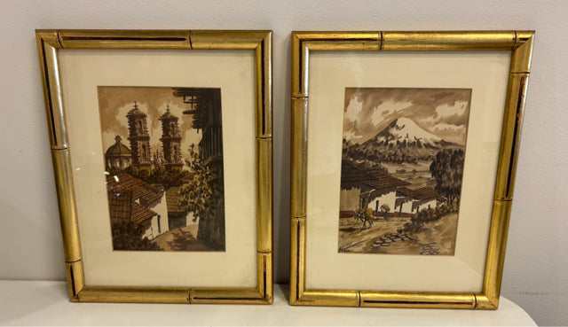 Pair of Vintage Art Prints of Asian Scenes in Gold Bamboo Style Frames