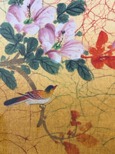 Load image into Gallery viewer, Silk Asian Watercolor of Bird and Blossoms by P. Chan
