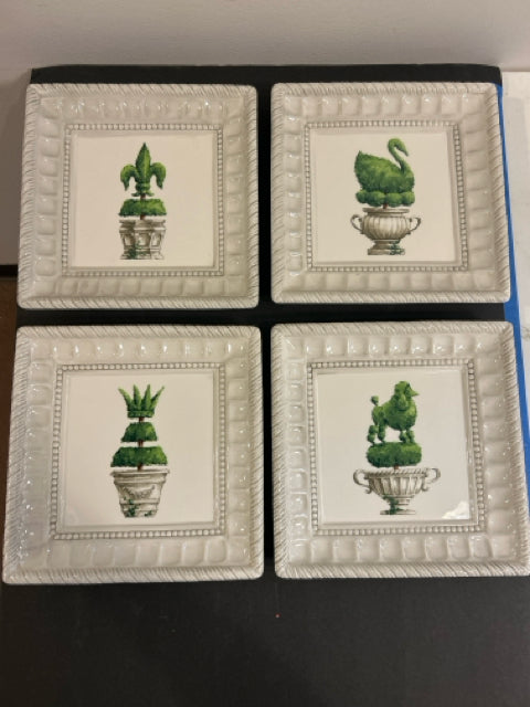 Set of Four Ceramic Plates with Garden Topiaries