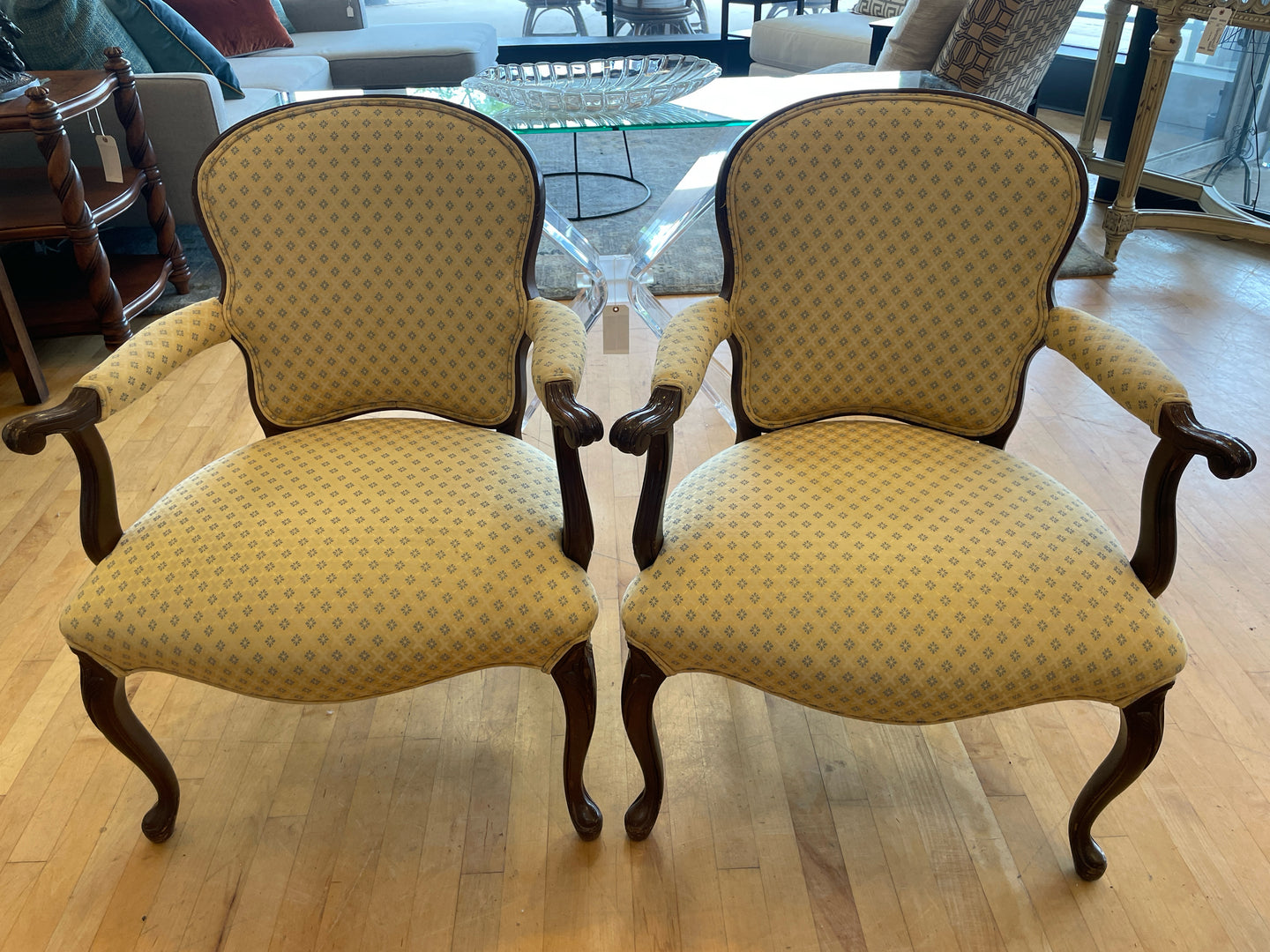 Pair of Blue & Yellow Upholstered Arm Chairs